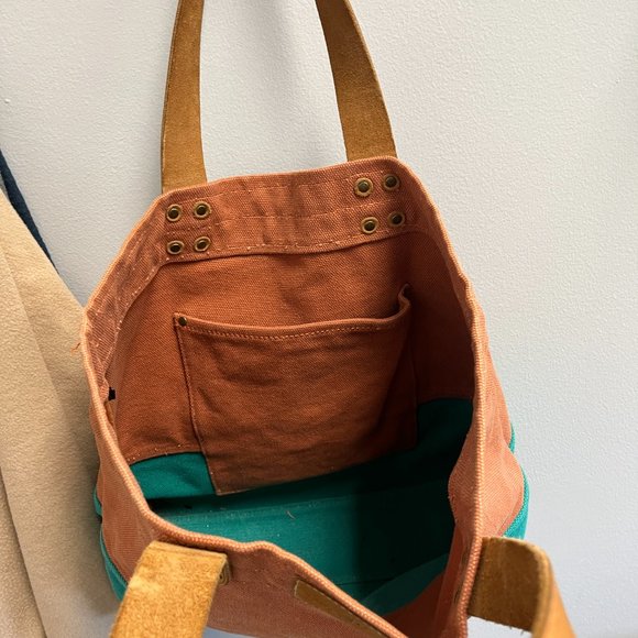 Cole Haan Canvas Tote Bag Teal Orange Open Top - Picture 3 of 5